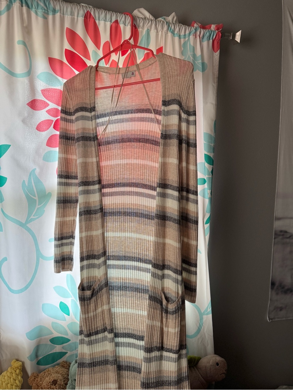 SO Striped Ribbed Open-Front Cardigan - Beige, Cream, Brown, Gray
